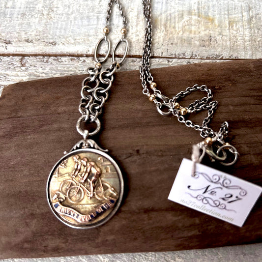 Antique Bike Medal Necklace