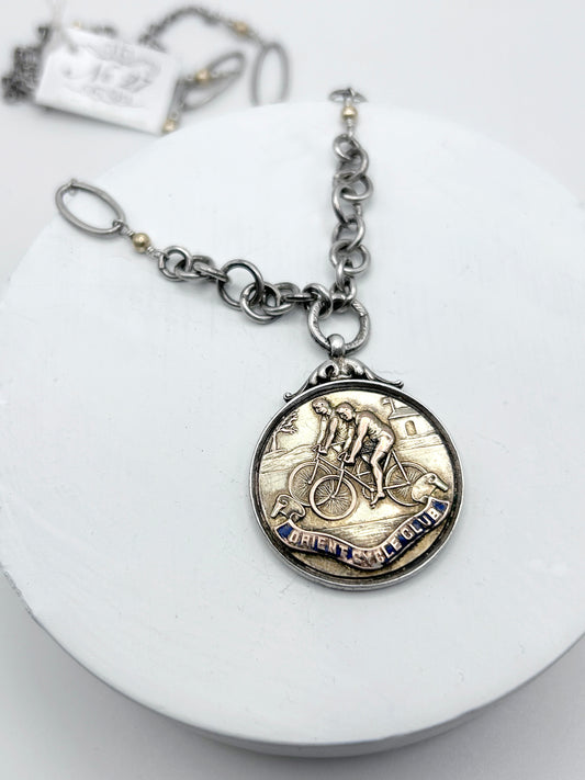 Antique Bike Medal Necklace