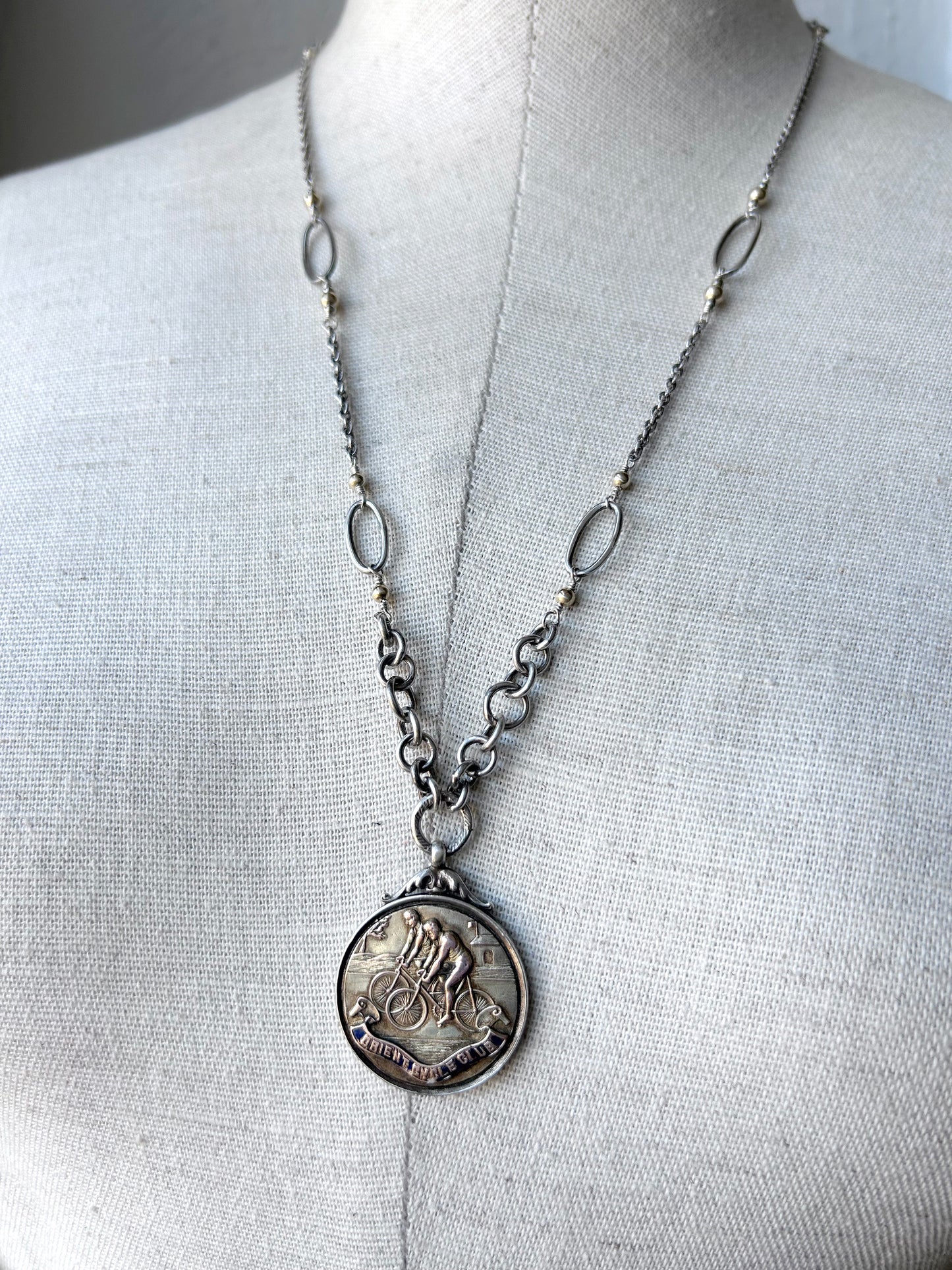 Antique Bike Medal Necklace