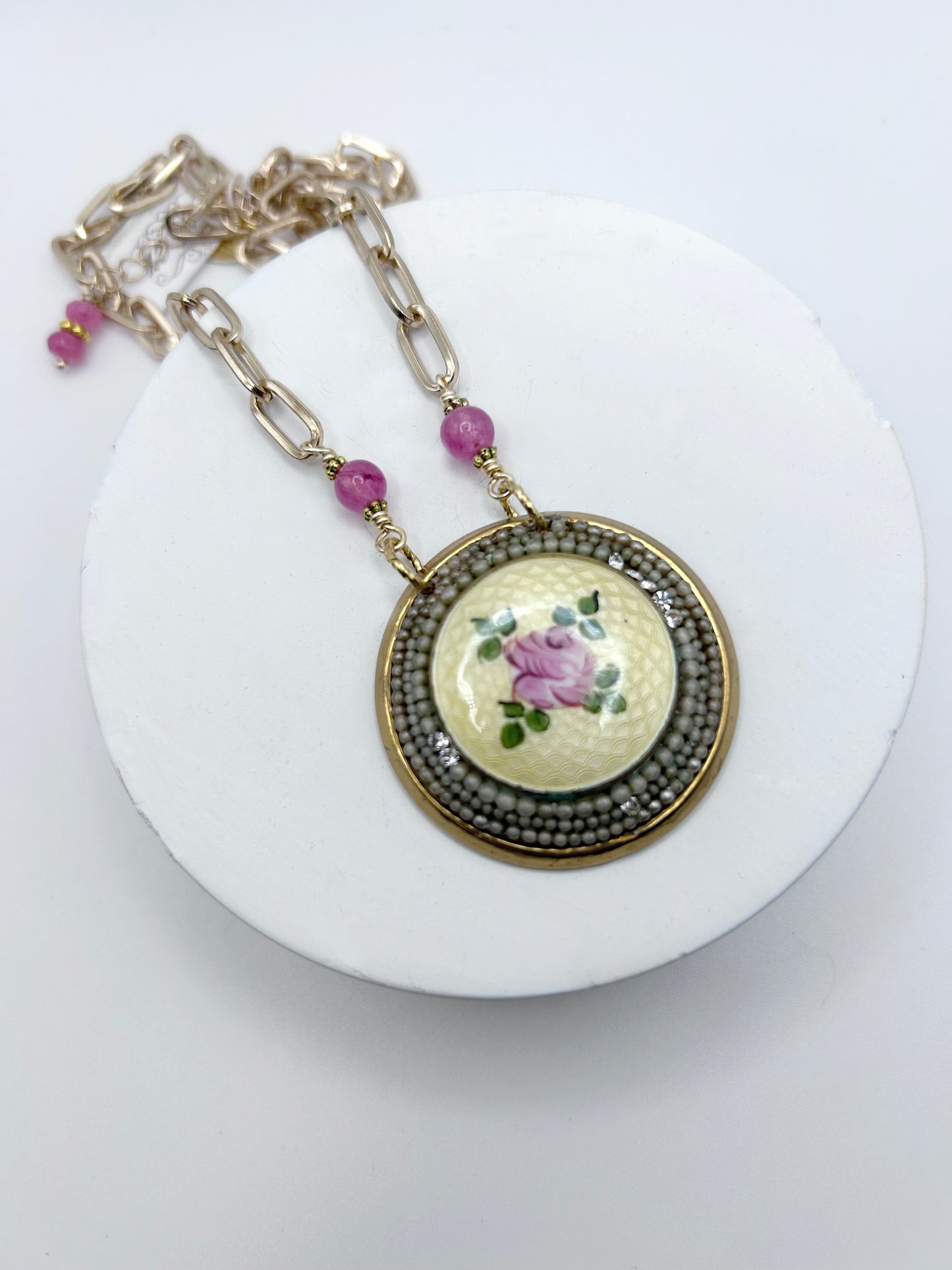 Vintage Enamel Rose Necklace