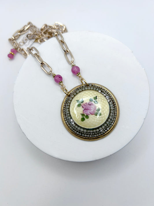 Vintage Enamel Rose Necklace