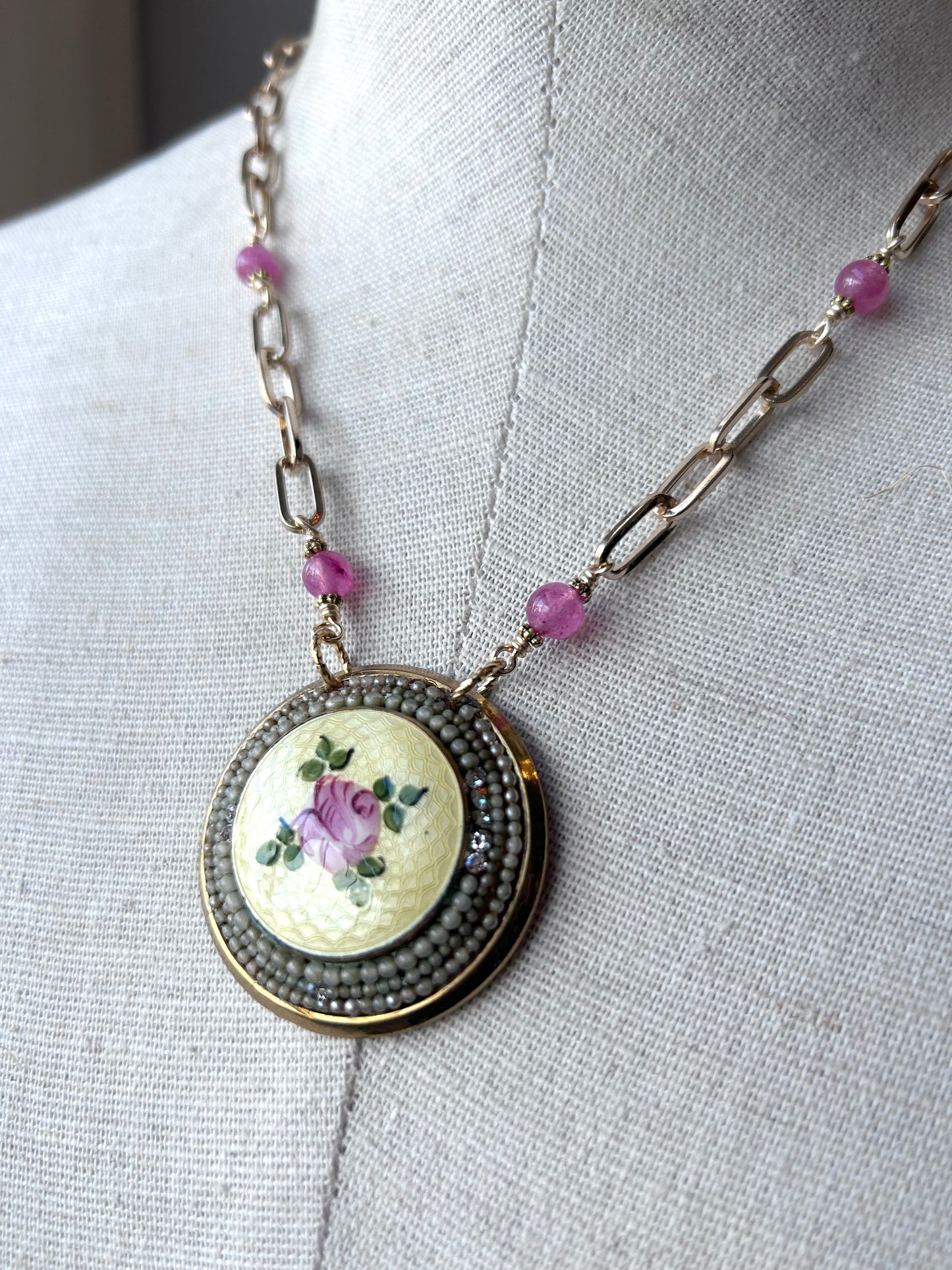 Vintage Enamel Rose Necklace